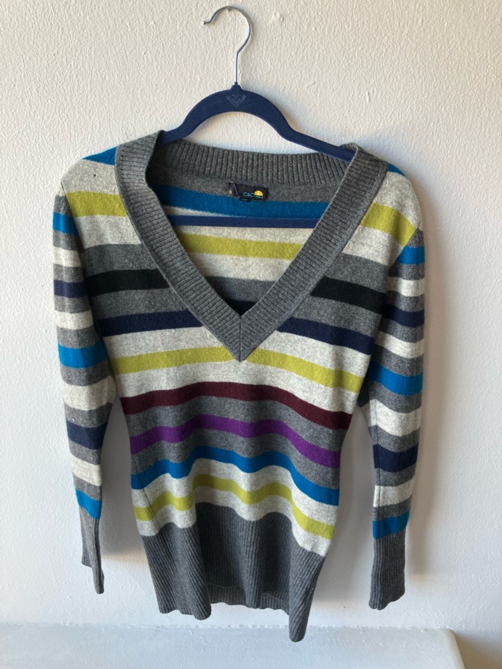C&C California 100% Cashmere Striped V-Neck Sweater in Gray, Blue, Green, Purple